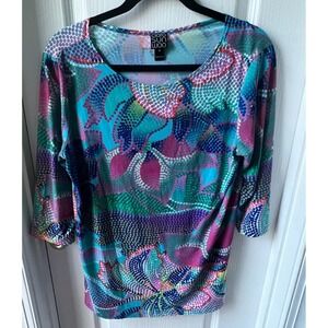 Clara Sun Woo Womens Top Colorful Geometric Floral Tunic 3/4 Sleeve Size M